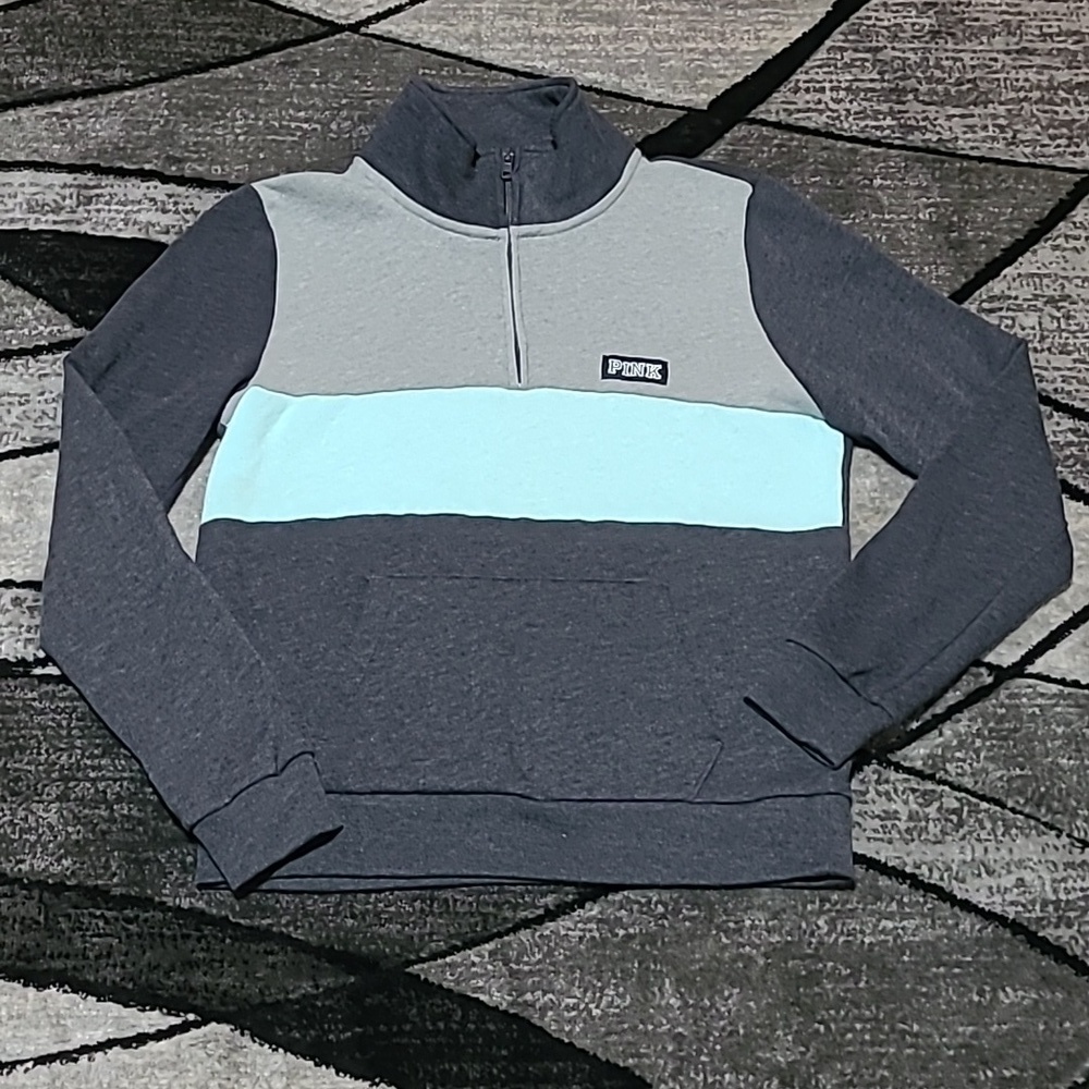 VS PINK 2018 QUARTER-ZIP COLOR-BLOCK KANGAROO POCKET SWEATSHIRT